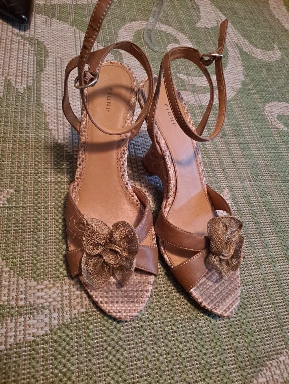 FIONI Clothing Tan Floral Wedge Sandals with Ankle Strap